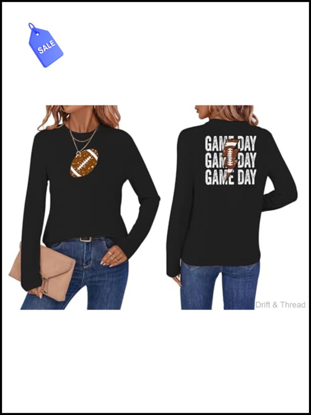 Football Game Day Long Sleeve Tee Crew Neck Cotton Blend Women's Top